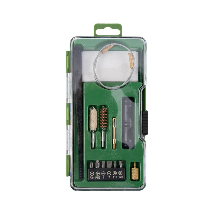 357 Magnum cleaning kit contents arranged in case with bore brush and cable