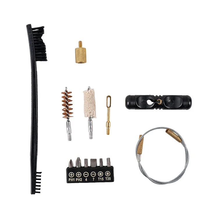 Complete 357 Magnum revolver cleaning kit flat lay with bore brush, mop, cable and patches