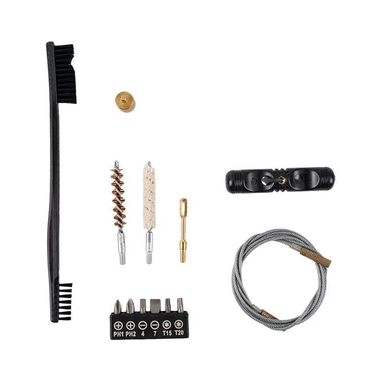 22 LR rifle cleaning kit accessories flat lay with patches and screwdriver set